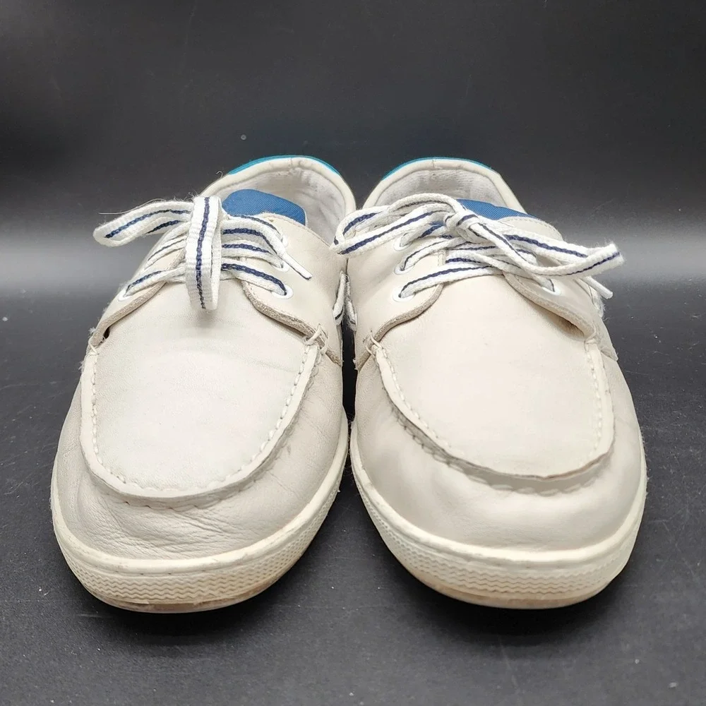 Sperry Size 13 M White Blue Leather Boat Shoes Nautical Preppy Coastal Casual LO